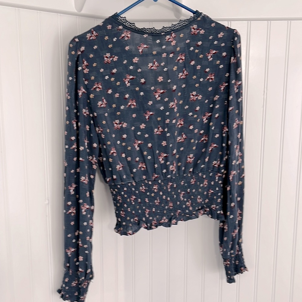 Self Esteem V-Neck Blouse with Crochet Trim and Smocked at hem and Sleeves - Picture 5 of 7